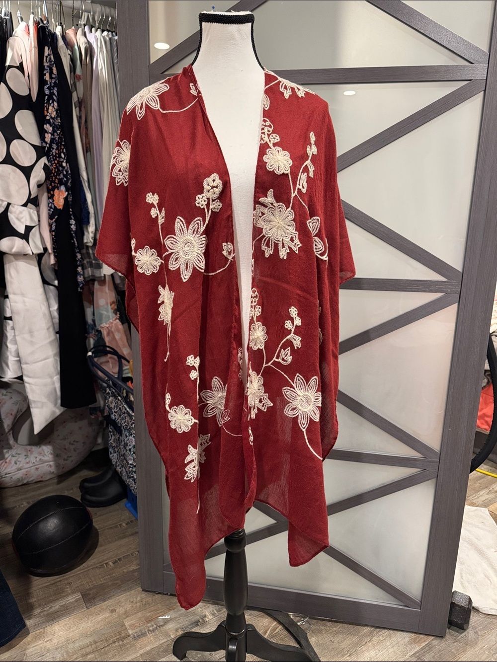 Floral Embroidered Red Kimono Wrap - Brand Unspecified
